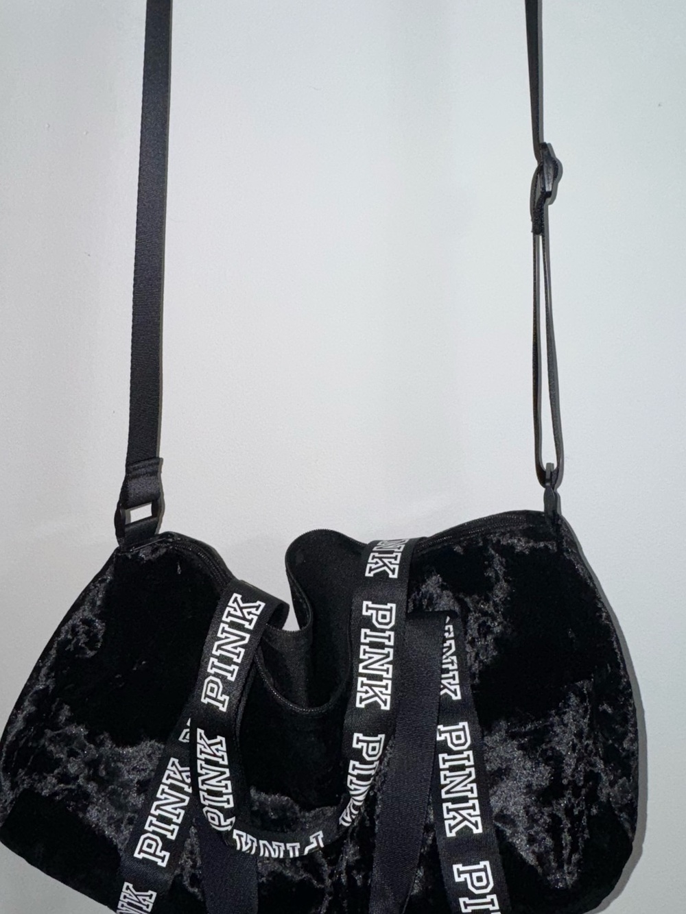 PINK Victoria's Secret Black Plush duffel bag with Branded Straps - Picture 2 of 4